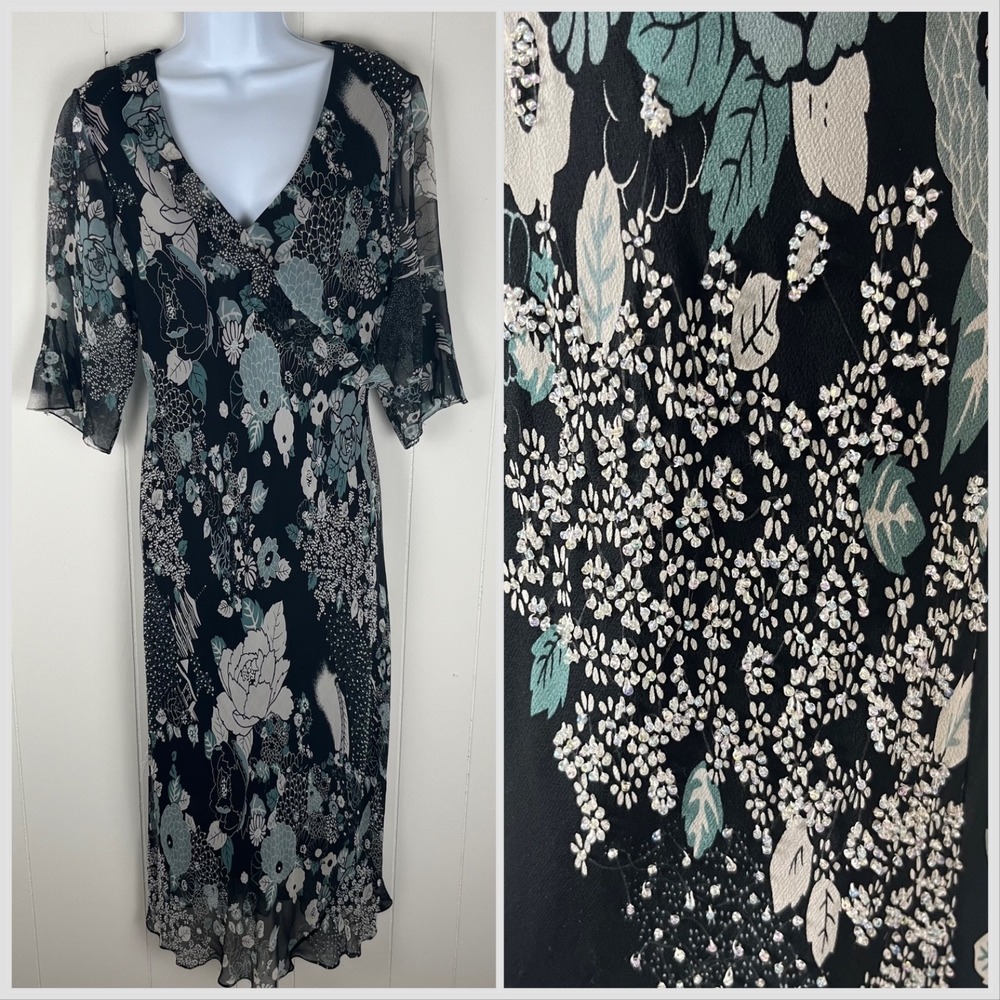 ICE Vintage 90s Y2k Silk Floral Midi Dress 12 Black Green Sheer Whimsigoth
